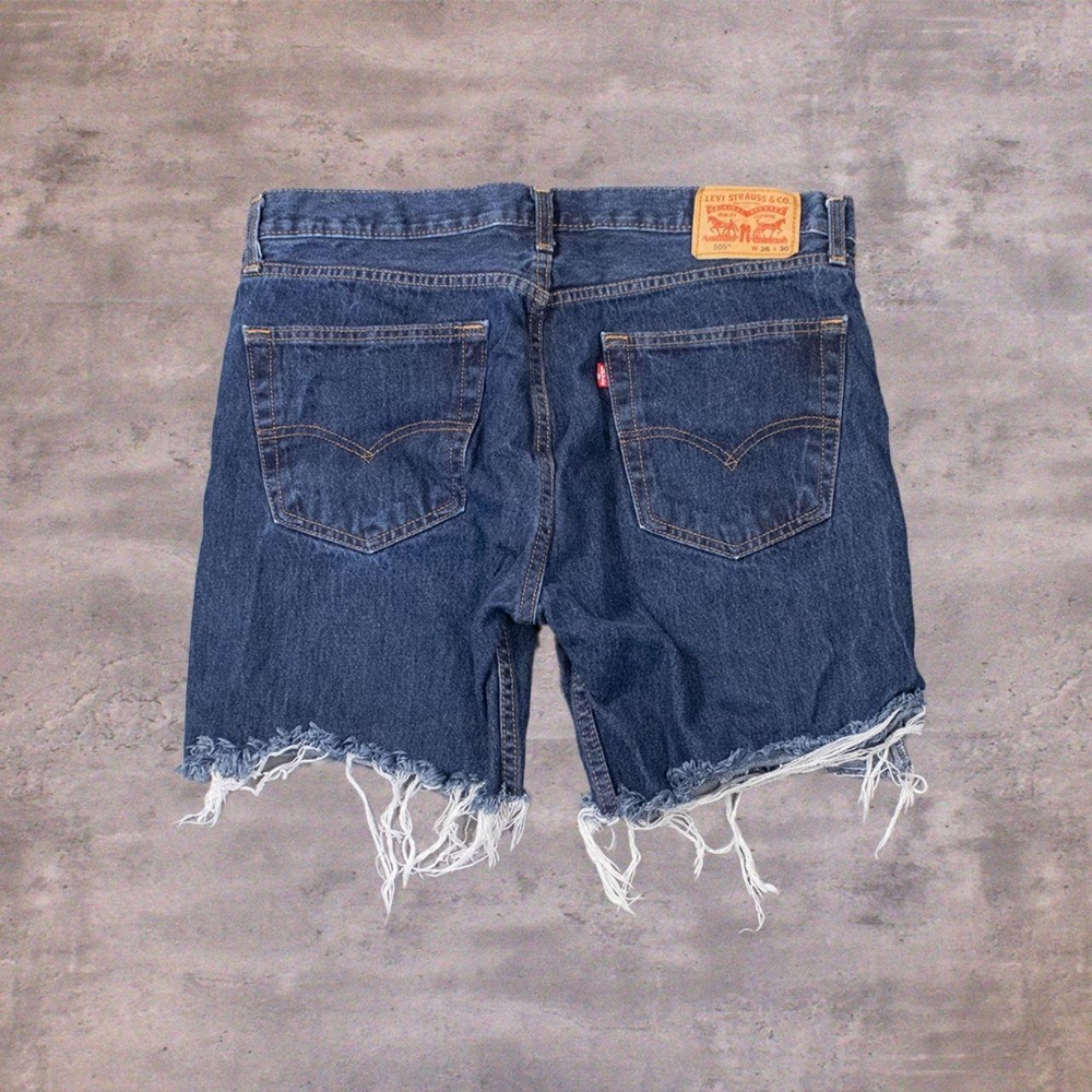 Levis 505 Cut Off Baggy Indigo Distressed Dark Wash Denim Jeans  Jorts Shorts